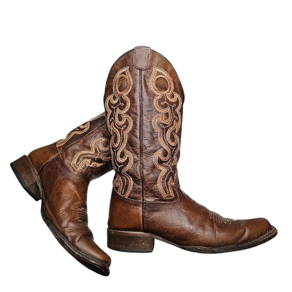 Circle G Womens Cutout Embroidery Cognac Brown Square Toe Boots  Made in Mexico - Picture 10 of 14